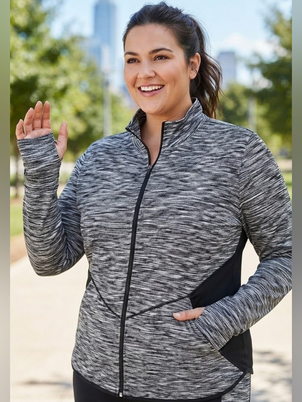Rainbeau Curves Plus-Sz 2X Full Zip Performance Jacket Space Dye Thumbholes EUC